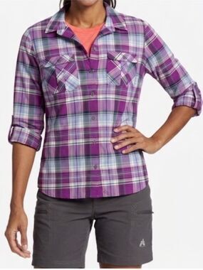 Eddie Bauer Purple Plaid Nylon Lightweight Long Sleeve Hiking Shirt, size L